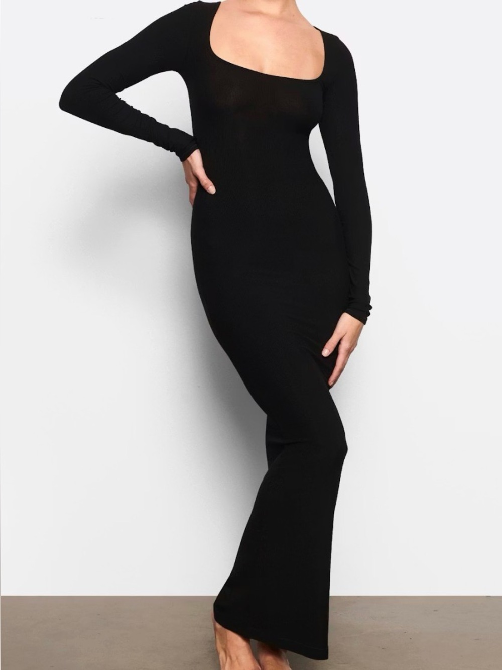 SKIMS Black Long-Sleeve Square-Neck Maxi Dress